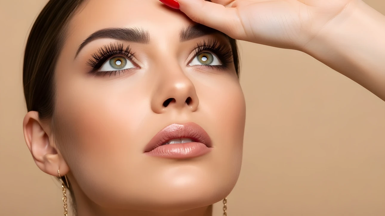 Elevate your beauty projects with this stunning portrait of a woman featuring flawless makeup and captivating eyes. Perfect for high-fashion editorials.