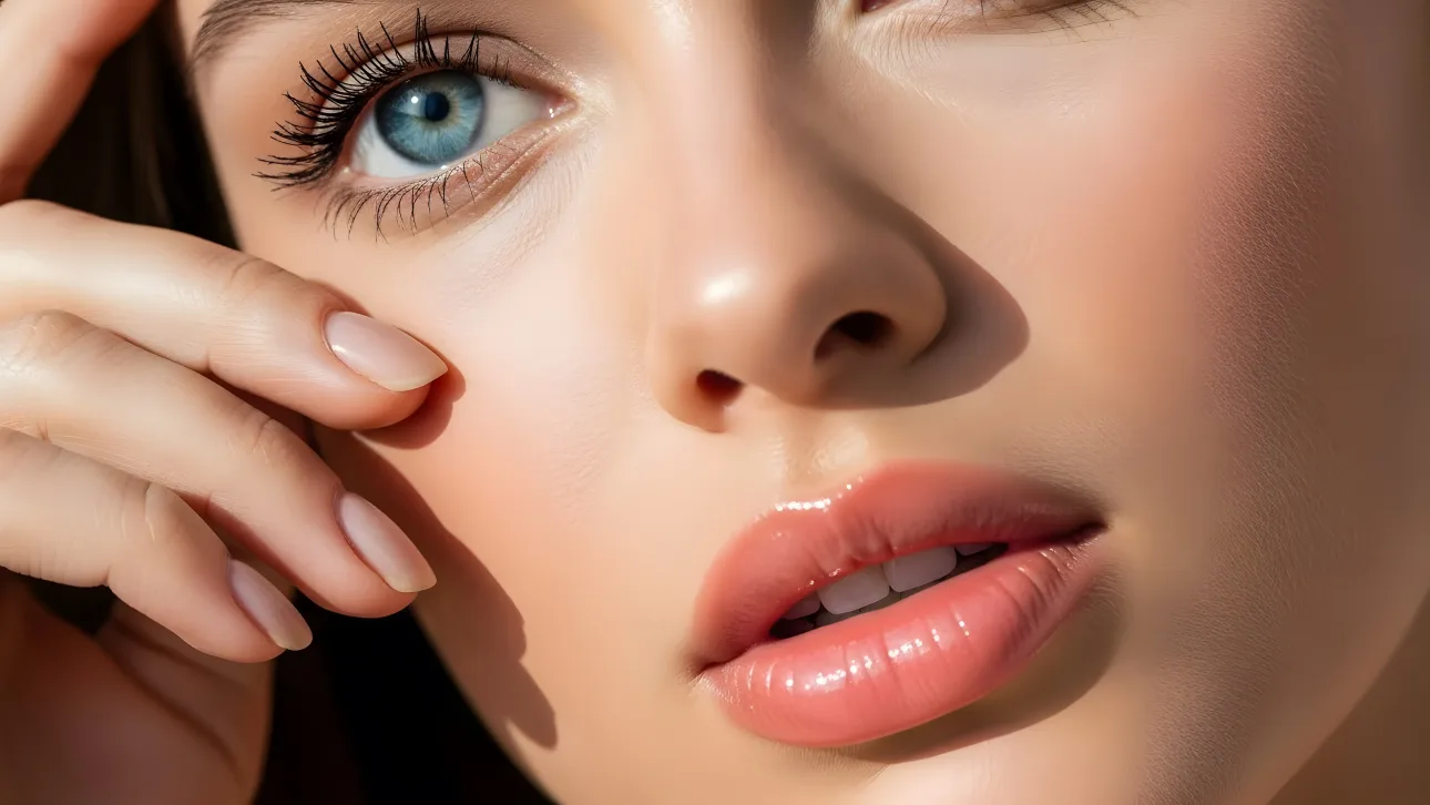 Enhance your project with this close-up of a woman's face, featuring striking blue eyes and glossy lips. A premium asset ideal for beauty and cosmetic designs.