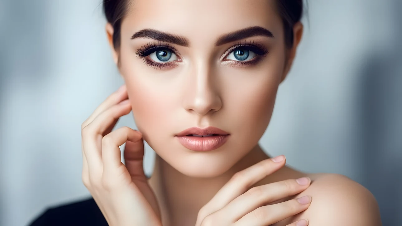 Enhance your project with this stunning portrait of a woman showcasing perfect skin and captivating eyes. Ideal for beauty and skincare campaigns, ready for commercial use.