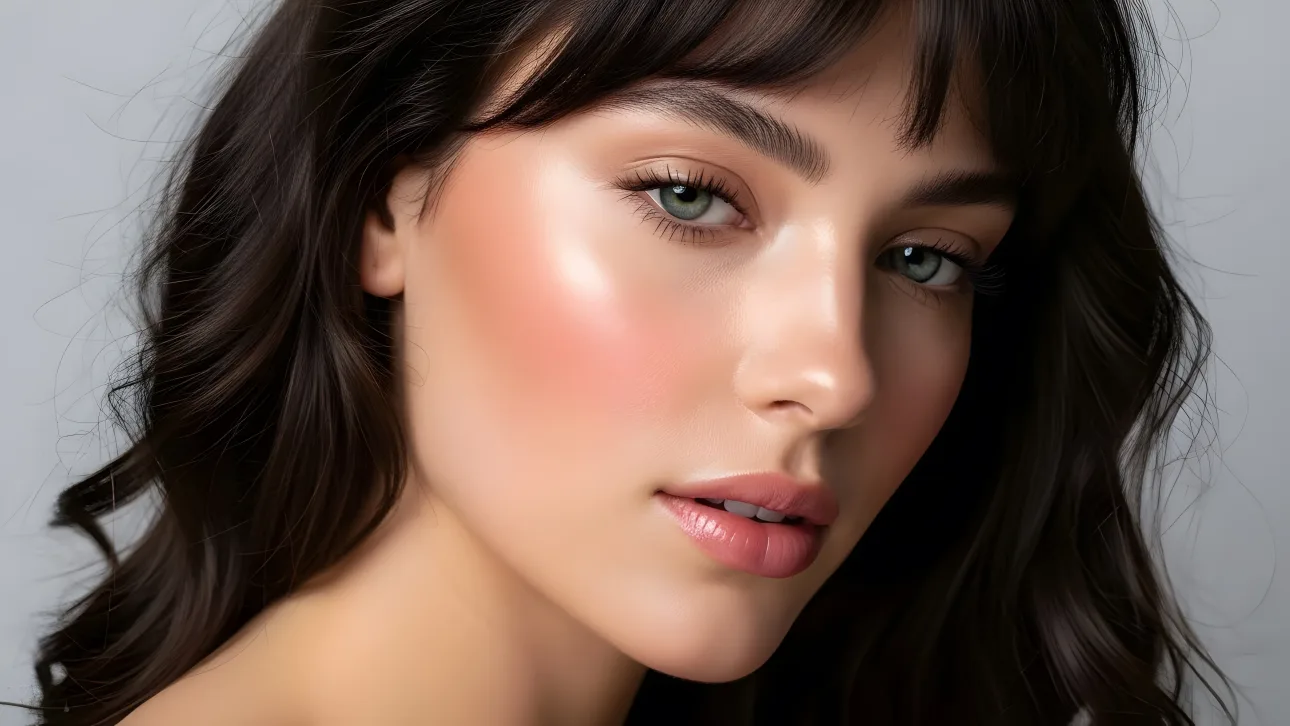 Elevate your designs with this close-up portrait featuring a beautiful brunette with striking green eyes. Perfect for high-fashion editorials and beauty campaigns.