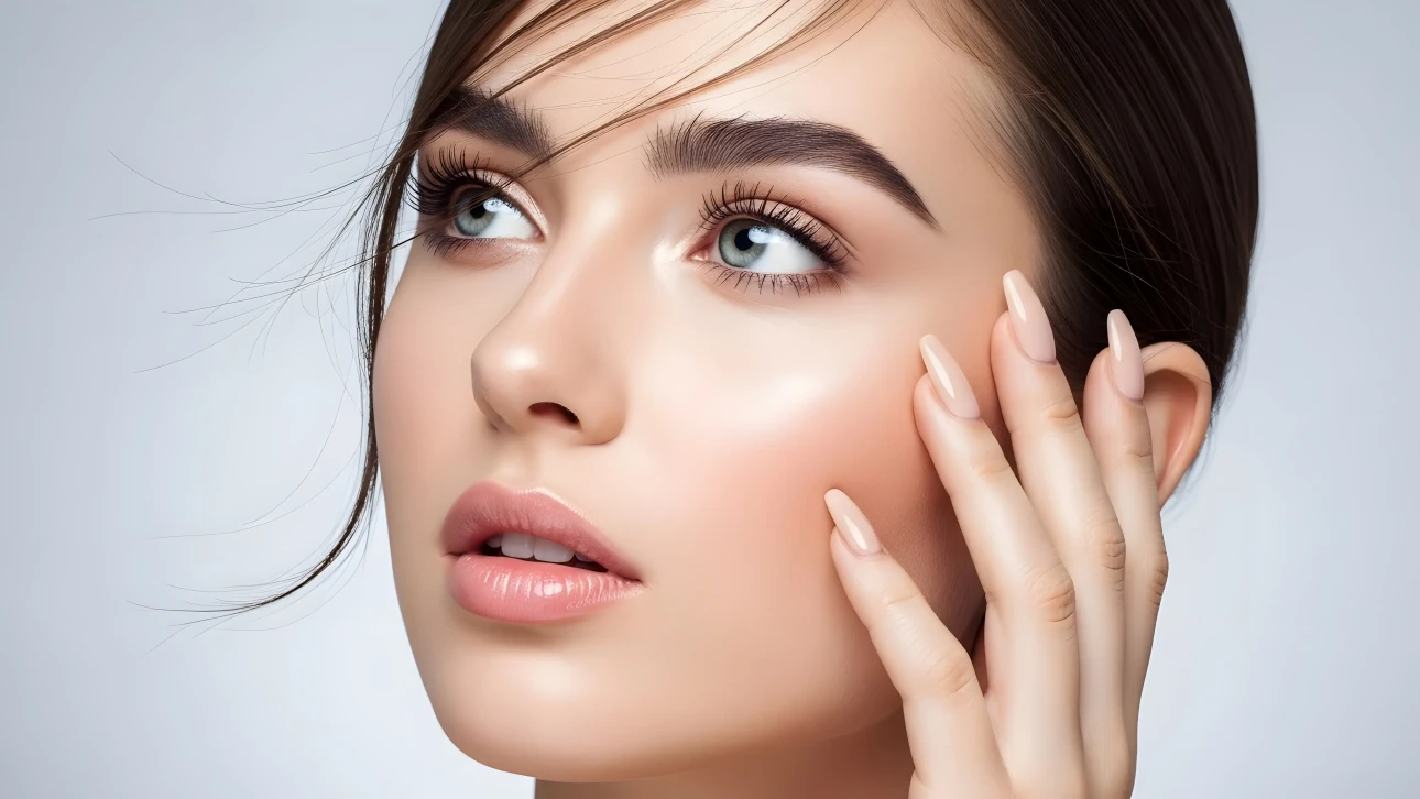 Enhance your designs with this portrait of a woman showcasing radiant skin and elegant nails. Perfect for high-end beauty and skincare campaigns.