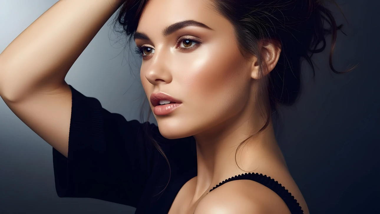 Elevate your project with this beautiful woman featuring flawless makeup and soft lighting. Perfect for beauty campaigns and high-end fashion editorials.