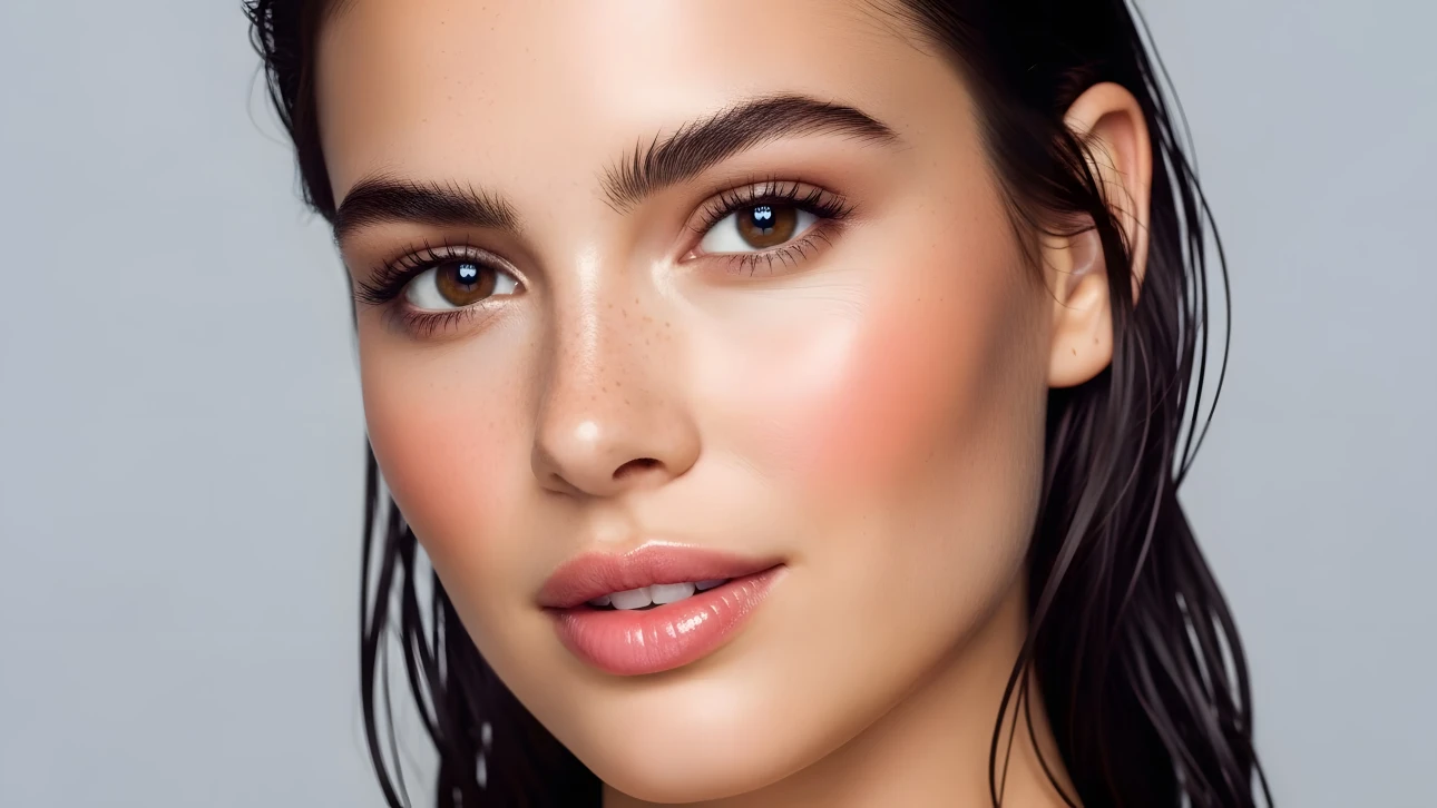Elevate your designs with this close-up of a beautiful woman featuring flawless skin and subtle makeup. Perfect for high-end beauty and skincare campaigns.