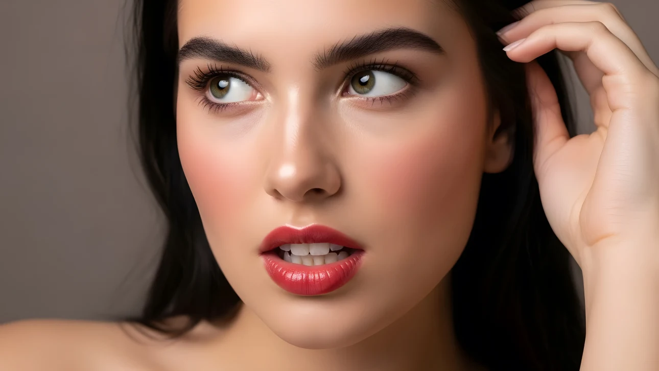 Elevate your designs with this captivating portrait of a woman featuring radiant skin and bold red lips. Perfect for high-fashion editorials.