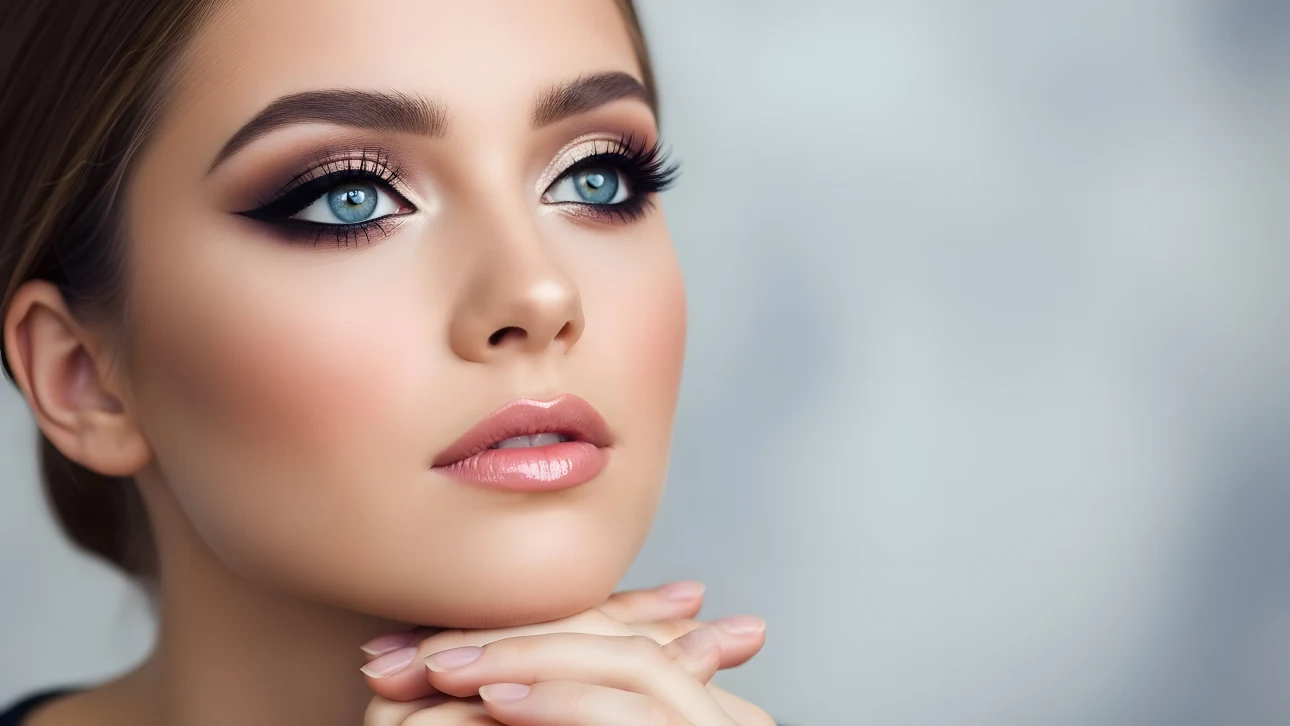 Elevate your beauty projects with this stunning image of a woman featuring flawless makeup and striking blue eyes. Perfect for high-fashion editorials.