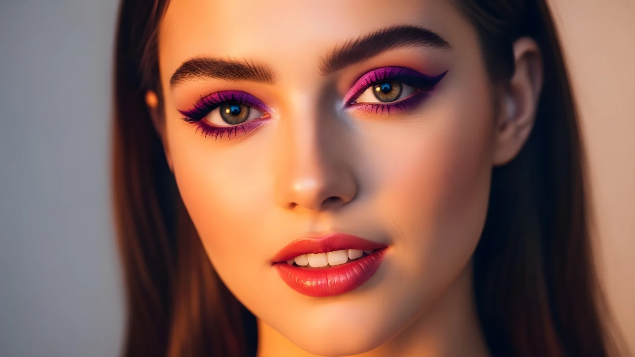 Enhance your designs with this striking portrait featuring bold makeup and a soft, warm glow. Perfect for beauty and fashion projects requiring a touch of glamour.