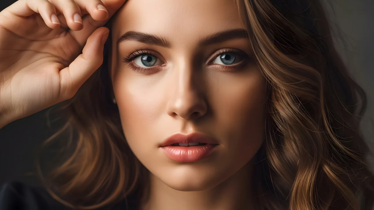 Elevate your creative projects with this stunning portrait of a woman featuring captivating blue eyes and flowing brown hair. Perfect for high-fashion editorials.