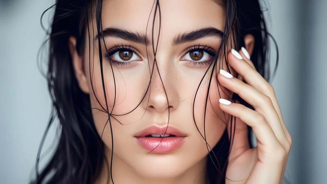 Elevate your designs with this striking portrait of a woman featuring wet hair and a flawless manicure. Perfect for high-fashion editorials and cosmetic branding.