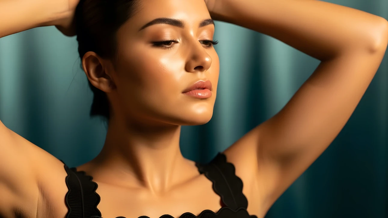 Elevate your project with this stunning image of a woman showcasing radiant skin. Perfect for high-end beauty and skincare campaigns, ready for commercial use.