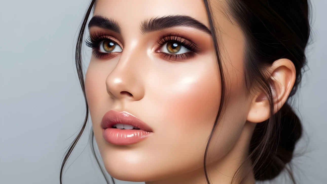 Enhance your designs with this portrait featuring a woman with striking eyes and glossy lips. Perfect for high-end beauty and cosmetic projects.