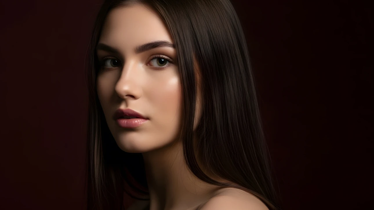 Elevate your project with this stunning portrait of a young woman. Features flawless skin and rich brown hair, perfect for beauty and fashion designs.