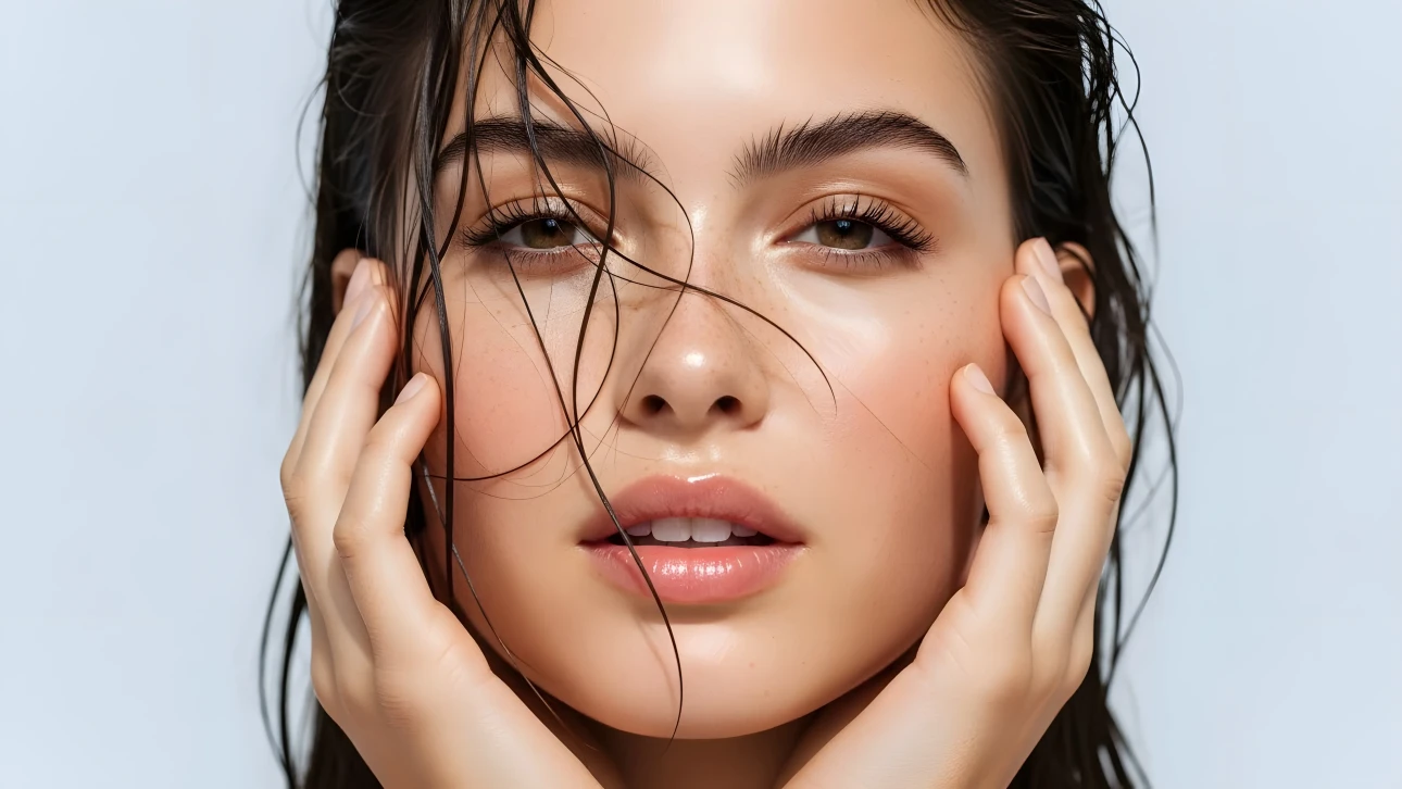 Enhance your project with this image of a woman featuring dewy skin and wet hair, perfect for beauty and skincare campaigns. Ready for instant commercial use.