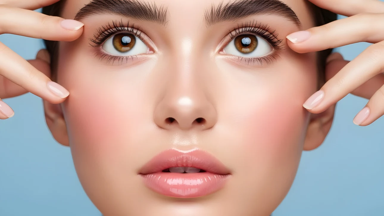 Enhance your project with this close-up of a woman's face, featuring delicate hands and captivating eyes. A premium design asset ready for beauty and wellness projects.