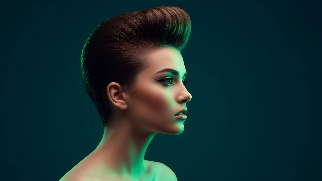 Elevate your designs with this striking portrait of a woman featuring a retro pompadour hairstyle, ideal for vintage-themed projects and high-fashion editorials.