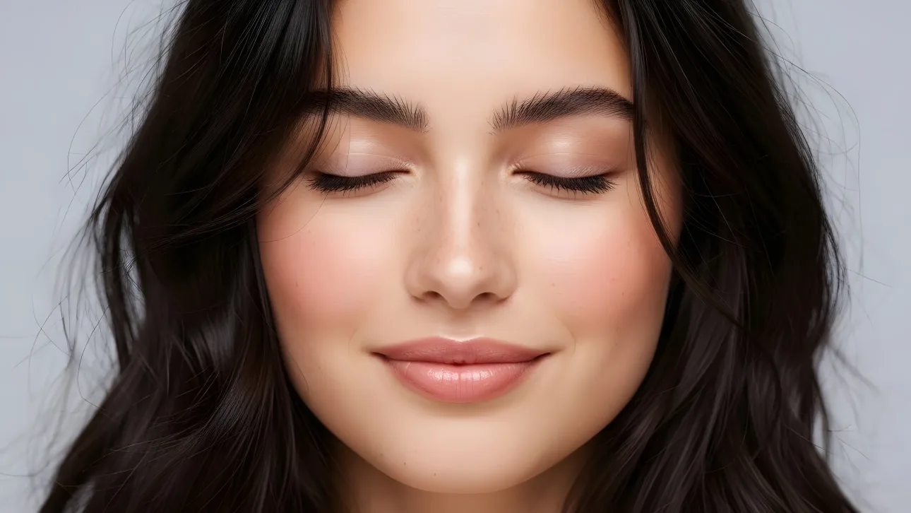 Enhance your designs with this portrait of a serene woman featuring delicate freckles and soft makeup, ideal for beauty and wellness branding.