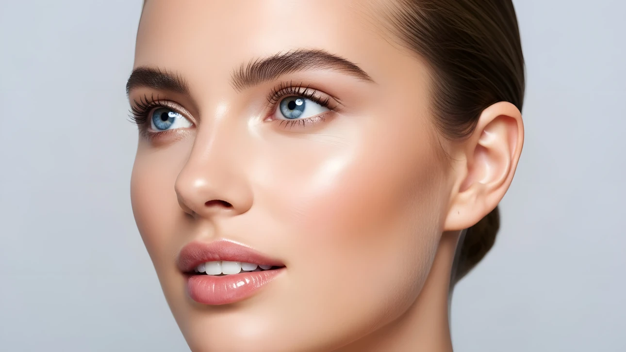 Enhance your beauty projects with this portrait of a woman showcasing perfect skin. Ideal for skincare ads and high-end cosmetic campaigns. Ready for immediate use.