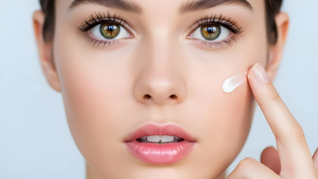 Enhance your project with this close-up of a woman applying face cream, perfect for skincare campaigns. Ideal for beauty and wellness branding.
