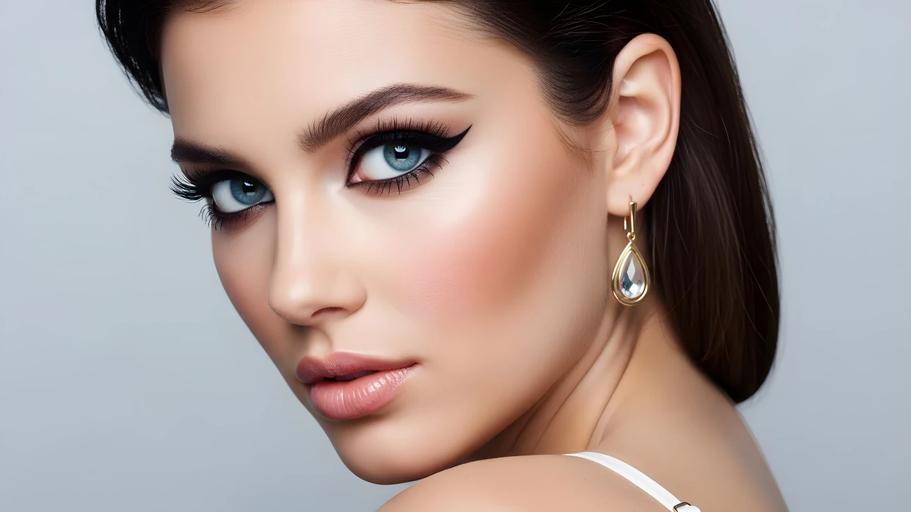 Enhance your designs with this captivating woman featuring striking blue eyes and a teardrop earring. Perfect for high-fashion editorials and cosmetic branding.