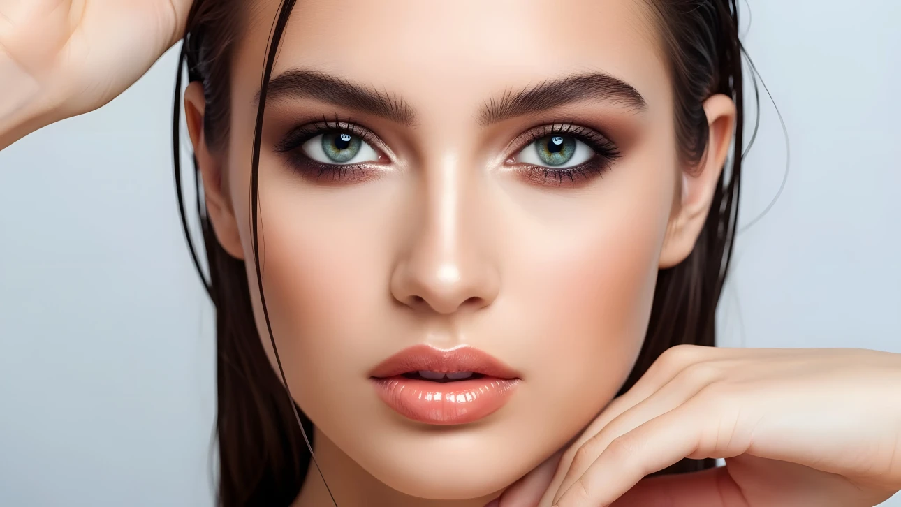 Elevate your beauty projects with this stunning close-up of a woman's face, featuring expertly applied makeup and a radiant complexion. Perfect for high-end cosmetic campaigns.