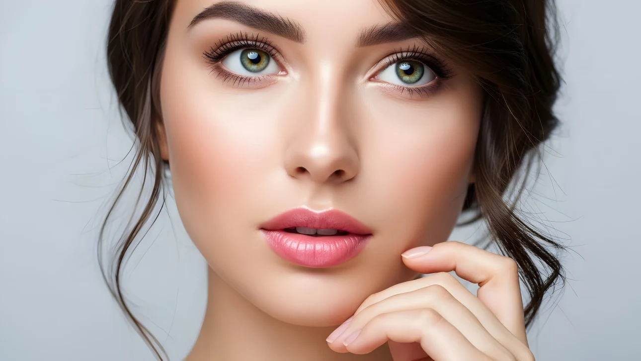 Enhance your project with this captivating portrait of a woman showcasing flawless makeup and radiant skin. Perfect for high-end beauty and skincare campaigns.