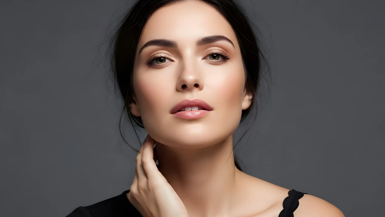 Enhance your project with this portrait of a woman featuring soft makeup and elegant pose, ideal for beauty and skincare campaigns. Ready for professional use.