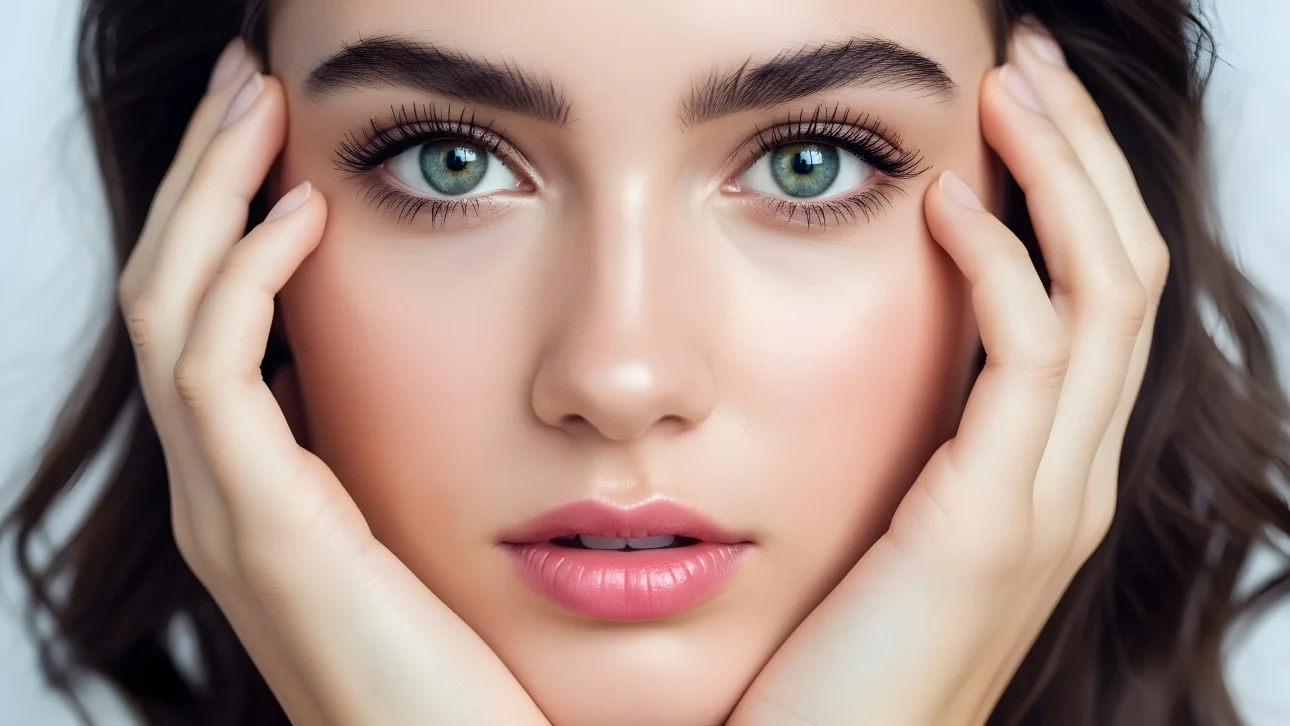 Enhance your project with this close-up of a woman's face, featuring striking green eyes and soft lighting. Perfect for high-end beauty and skincare campaigns.