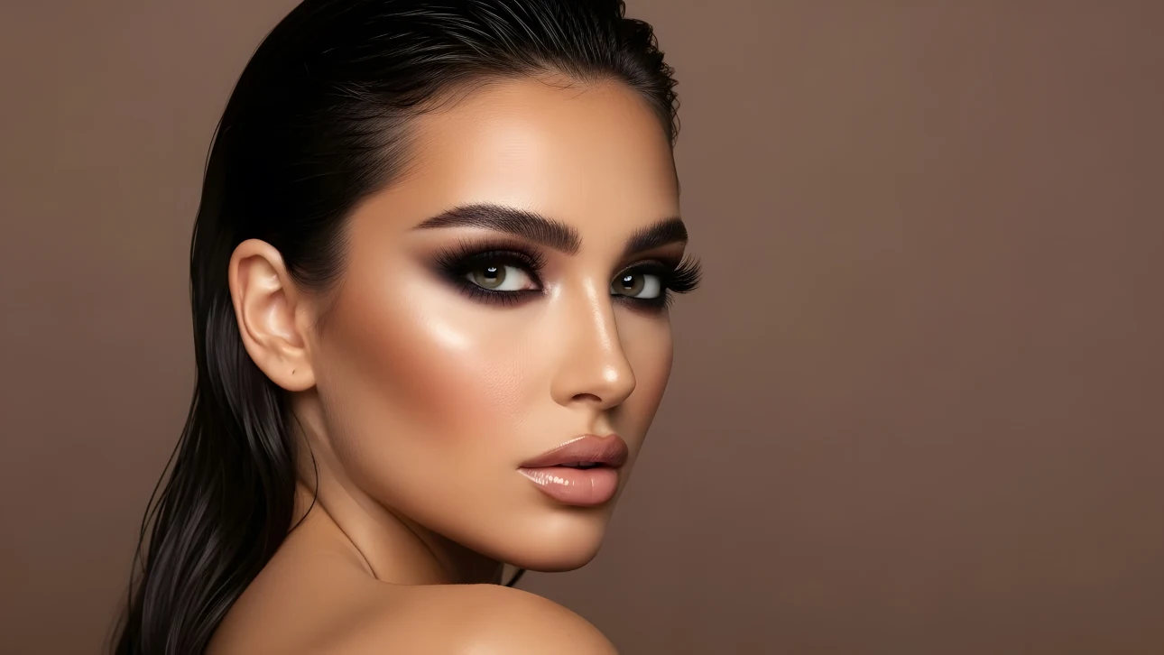 Enhance your project with this striking portrait featuring dramatic makeup and luminous skin. Perfect for high-fashion editorials and beauty campaigns.