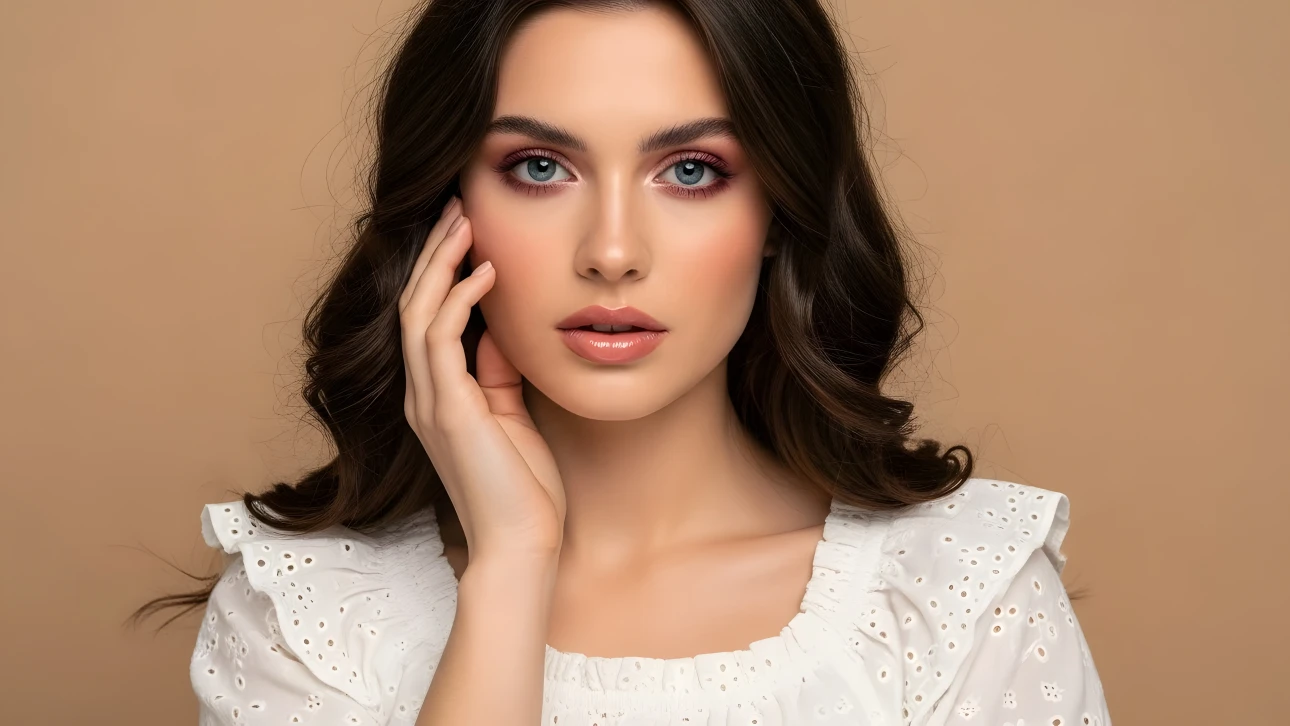 Elevate your project with this stunning portrait of a brunette woman, featuring captivating blue eyes and soft, diffused lighting. Perfect for high-end beauty campaigns.