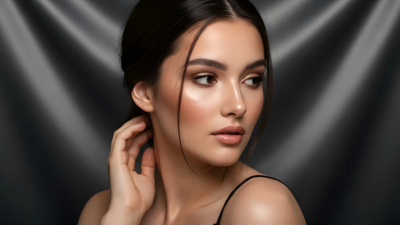 Elevate your designs with this stunning portrait of a woman featuring flawless makeup and soft lighting. Perfect for high-end beauty and fashion projects.