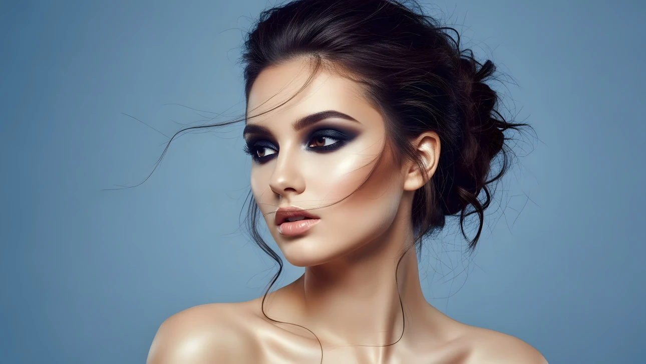 Elevate your designs with this stunning portrait featuring a woman with dramatic makeup. Perfect for high-fashion editorials and beauty campaigns.
