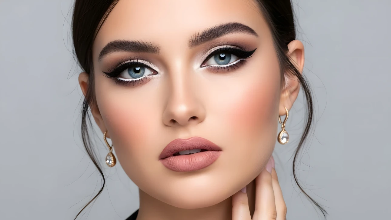 Elevate your beauty projects with this stunning portrait featuring flawless makeup and elegant jewelry. Perfect for high-fashion editorials and cosmetic branding.