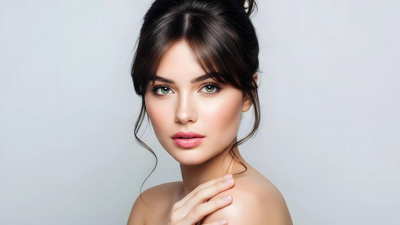 Elevate your project with this stunning portrait of a woman featuring captivating green eyes and soft, diffused lighting. Perfect for high-end beauty campaigns.