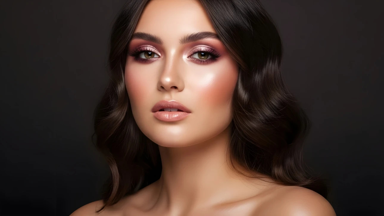 Elevate your designs with this portrait of a beautiful woman featuring flawless makeup. Perfect for high-fashion editorials and beauty product campaigns.