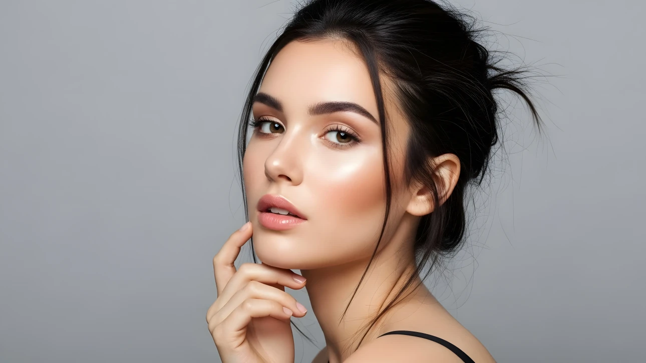 Elevate your beauty campaigns with this stunning portrait featuring flawless skin and subtle makeup, perfect for high-end cosmetic advertising.