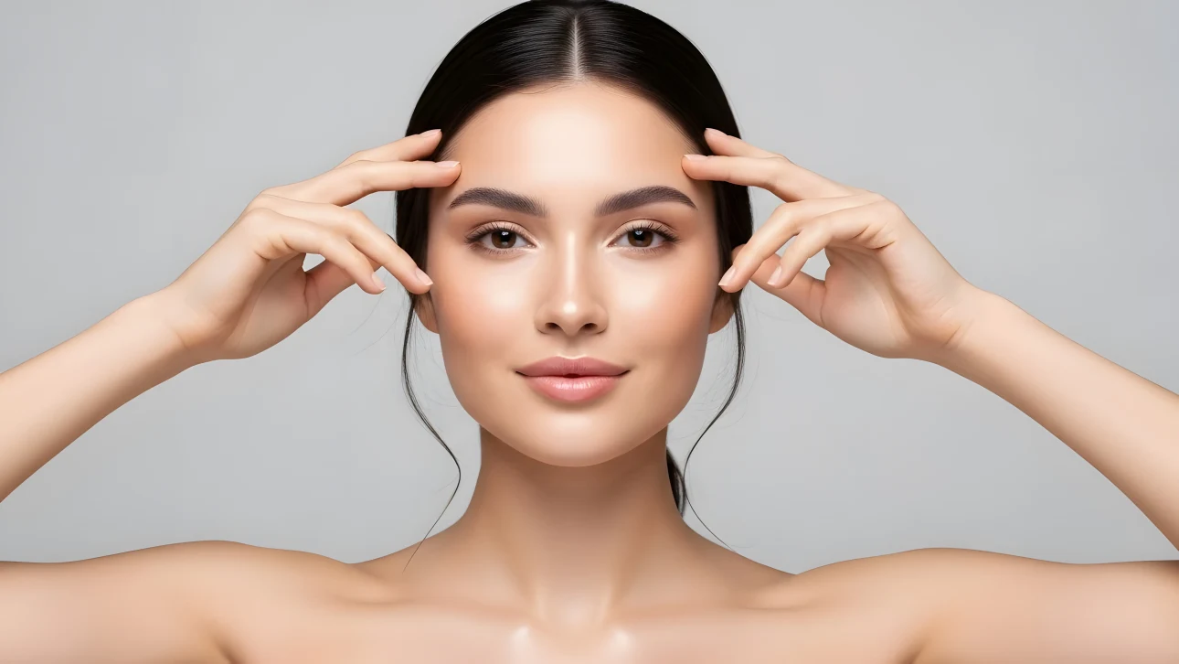 Enhance your project with this stunning portrait of a woman promoting skincare. Perfect for high-end beauty campaigns and cosmetic branding projects.