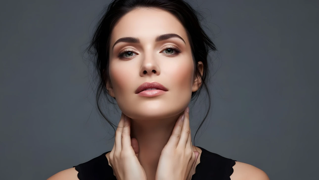 Elevate your project with this portrait of a sophisticated woman, featuring delicate makeup and graceful pose. Perfect for high-end beauty and wellness campaigns.