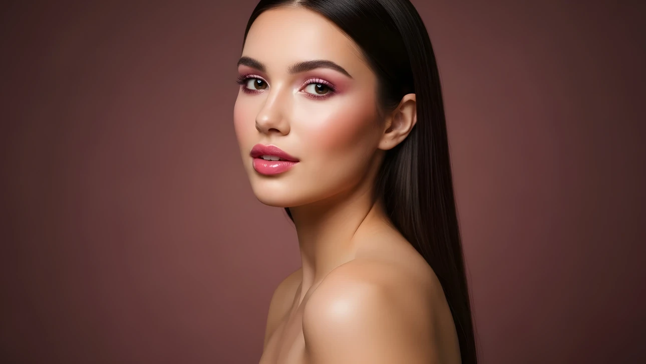 Elevate your designs with this stunning portrait featuring a woman with glamorous pink makeup. Perfect for beauty campaigns and high-end cosmetic branding.