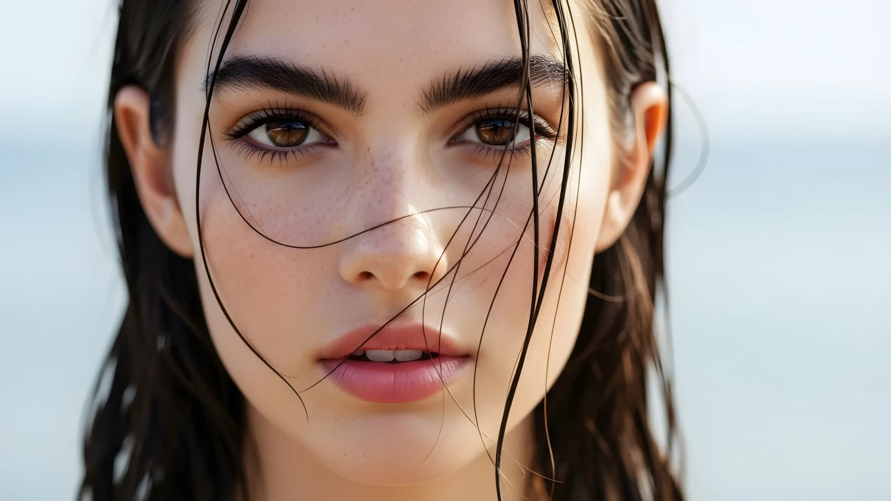 Elevate your project with this stunning portrait of a woman featuring wet hair and delicate freckles, ideal for beauty and skincare campaigns. Ready for commercial use.