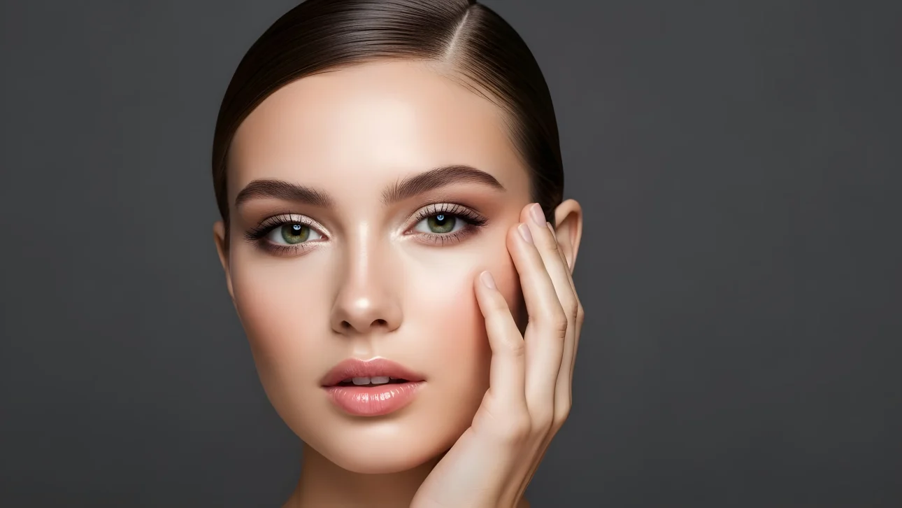 Enhance your project with this portrait of a woman showcasing radiant skin and subtle makeup. Perfect for beauty campaigns and high-end skincare promotions.