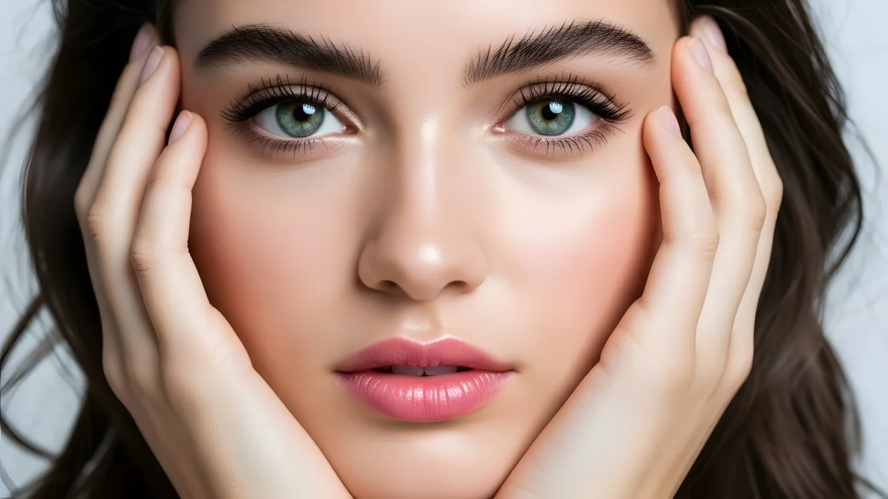 Enhance your project with this captivating close-up featuring a woman's striking green eyes and delicate hands. Perfect for high-end beauty and skincare campaigns.