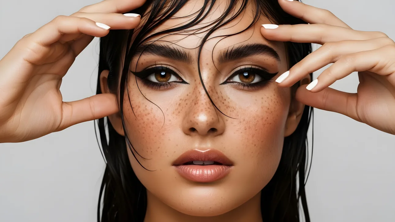Enhance your project with this striking portrait of a woman featuring freckles and bold eyeliner. Perfect for high-fashion editorials and beauty campaigns.
