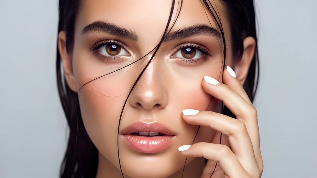 Enhance your designs with this captivating portrait of a woman's face, featuring wet hair and delicate skin. Perfect for high-end beauty and skincare campaigns.