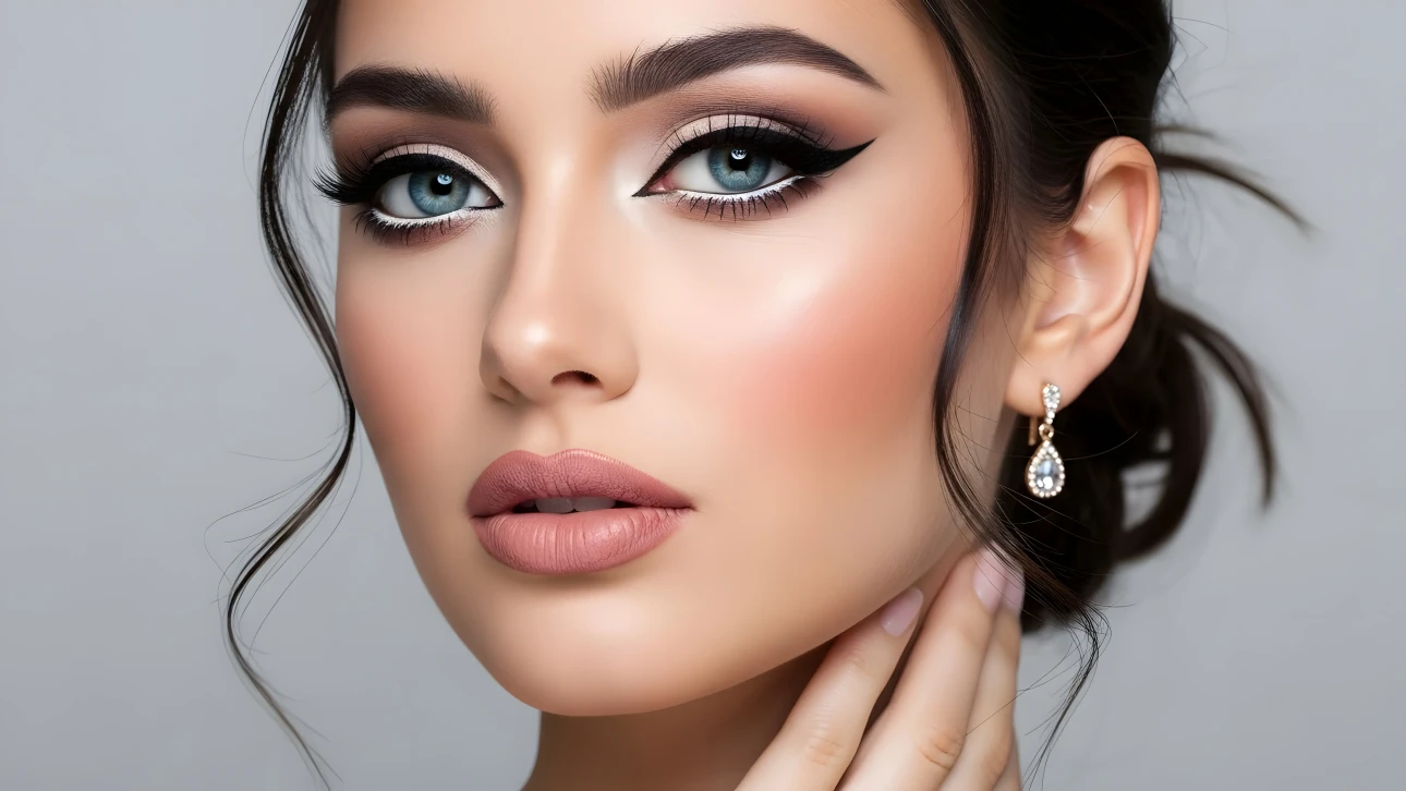 Elevate your designs with this striking portrait featuring a woman with flawless makeup and elegant jewelry. Perfect for high-fashion and beauty projects.