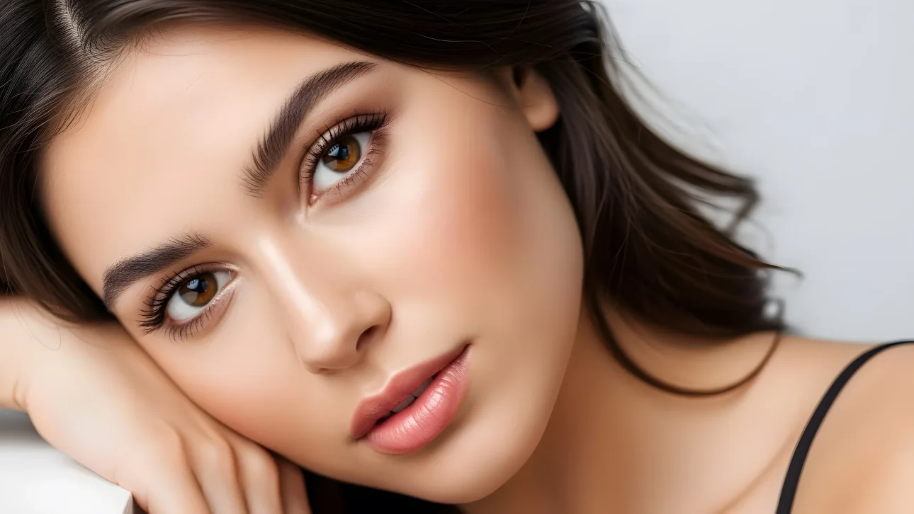 Elevate your project with this stunning portrait featuring a woman with captivating brown eyes and long lashes. Ideal for beauty and fashion designs.