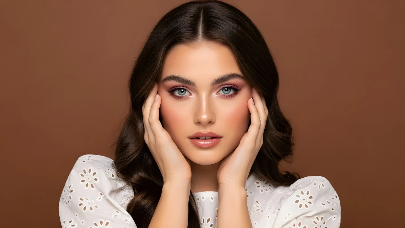 Elevate your project with this portrait of a beautiful woman featuring flawless makeup and soft lighting. Perfect for high-end beauty campaigns.