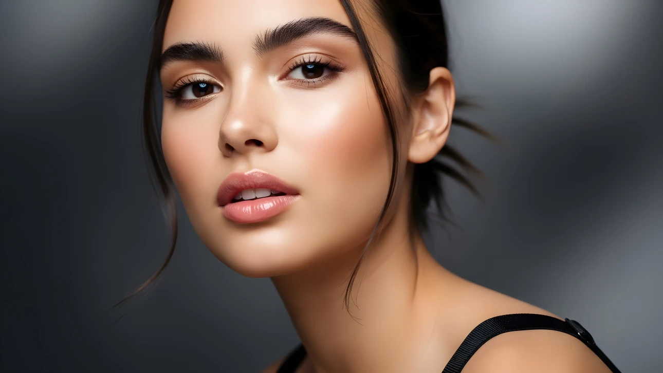 Enhance your project with this portrait of a beautiful woman featuring flawless skin and subtle makeup, perfect for upscale beauty and fashion campaigns.