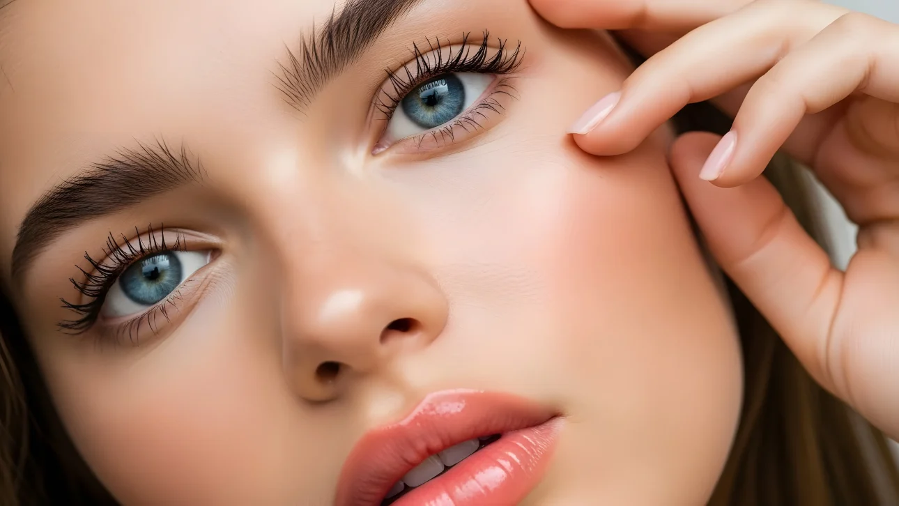 Enhance your beauty projects with this close-up of a woman's face, featuring striking blue eyes and radiant skin. Perfect for high-end beauty campaigns.