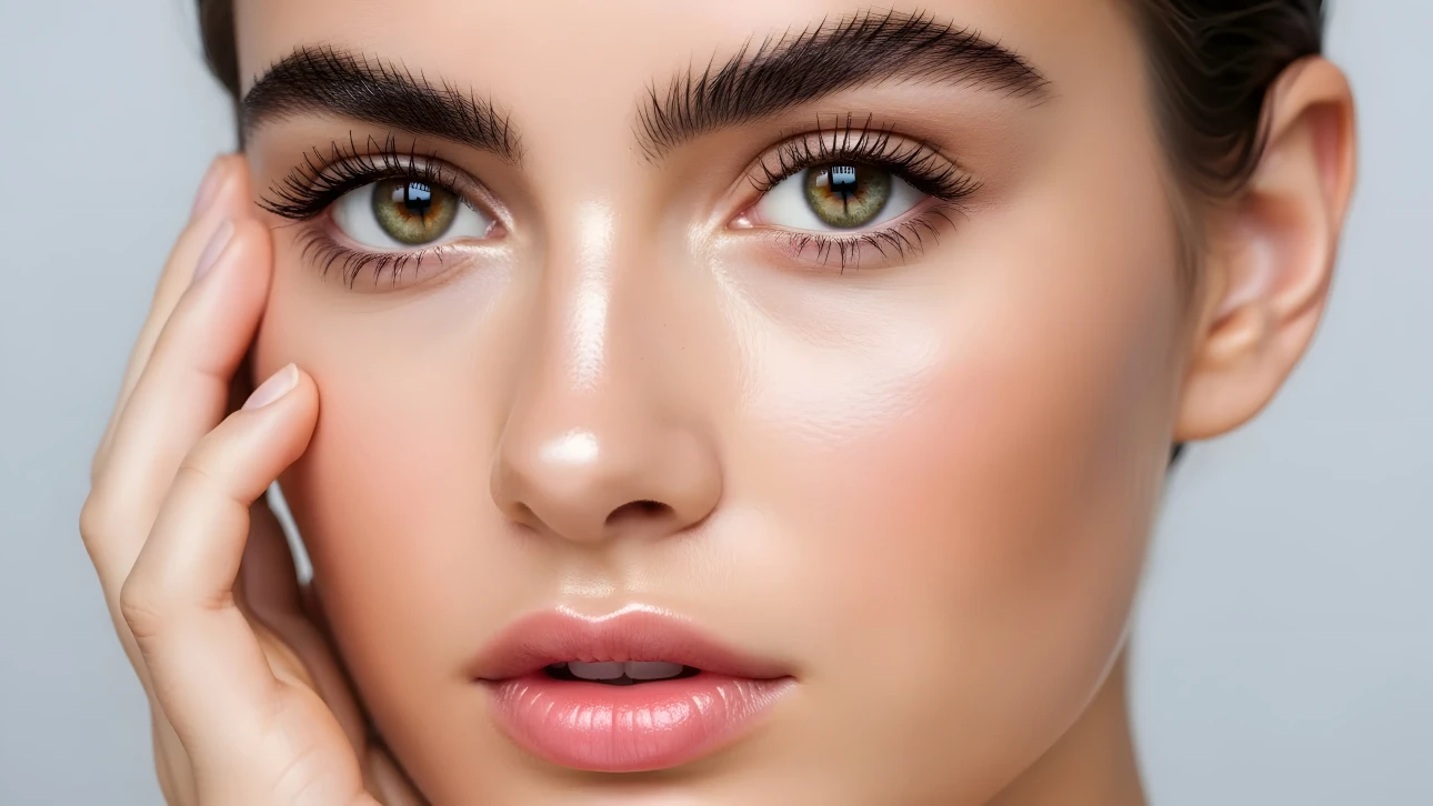 Enhance your project with this close-up of a woman's face featuring striking hazel eyes and flawless makeup. Perfect for high-end beauty and cosmetic campaigns.
