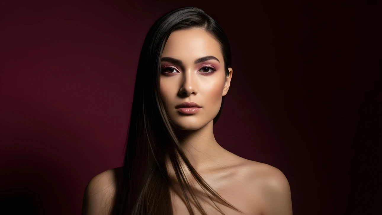 Elevate your designs with this portrait of a beautiful woman featuring flawless makeup and sleek hair. Perfect for high-fashion editorials and beauty campaigns.