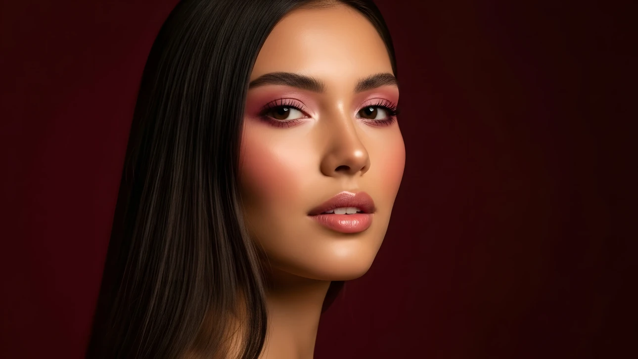 Elevate your project with this stunning portrait featuring a woman with pink makeup and glossy lips. Perfect for high-fashion editorials and beauty campaigns.